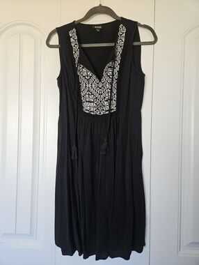 a.n.a Black Midi Dress with White Embroidered V-Neck